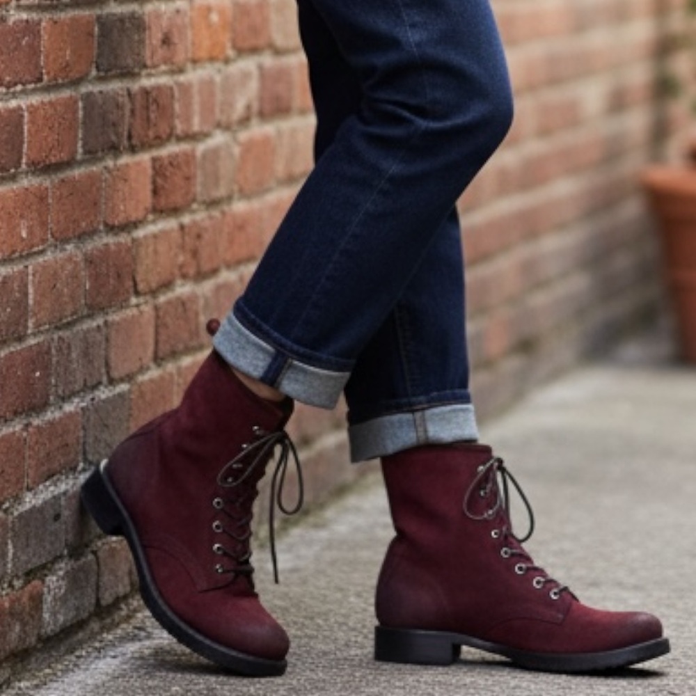 $399 Frye Veronica Combat Red Wine Suede Real Leather Lace Up Moto Ankle Boot
